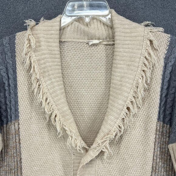 Shawl Collar Cardigan Sweater Womens M/L Beige Gray Patchwork Fringe Boho Knit - Picture 3 of 16